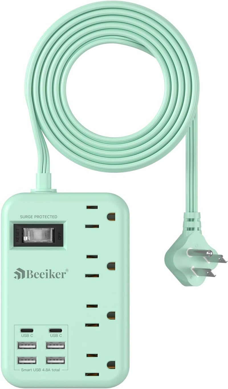 Beeiker 6 USB Green Travel Power Strip- 5Ft Green Extension Cord with 4.8A 2 USB C Charging Station and 4 Outlets, Cute Desk Accessories with Switch for Kawaii Pink Home Office College Dorm Room 24W - Image 1